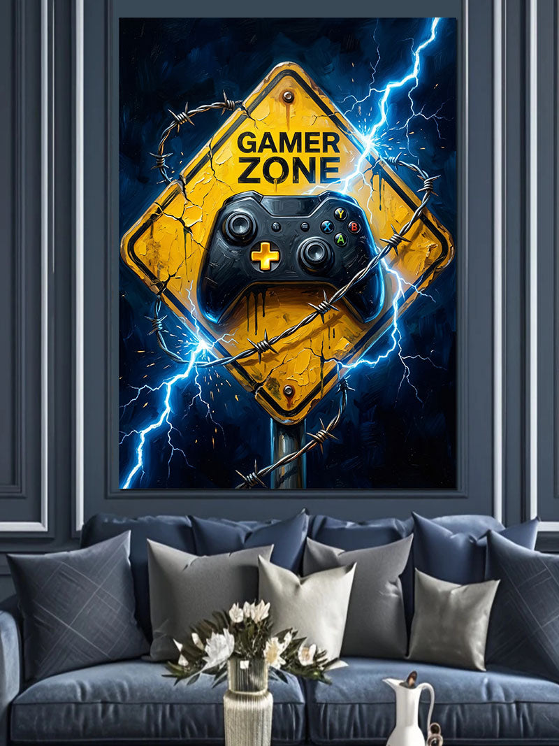 Gamer Zone Sarı Uyarı Tabelası Kanvas Tablo
