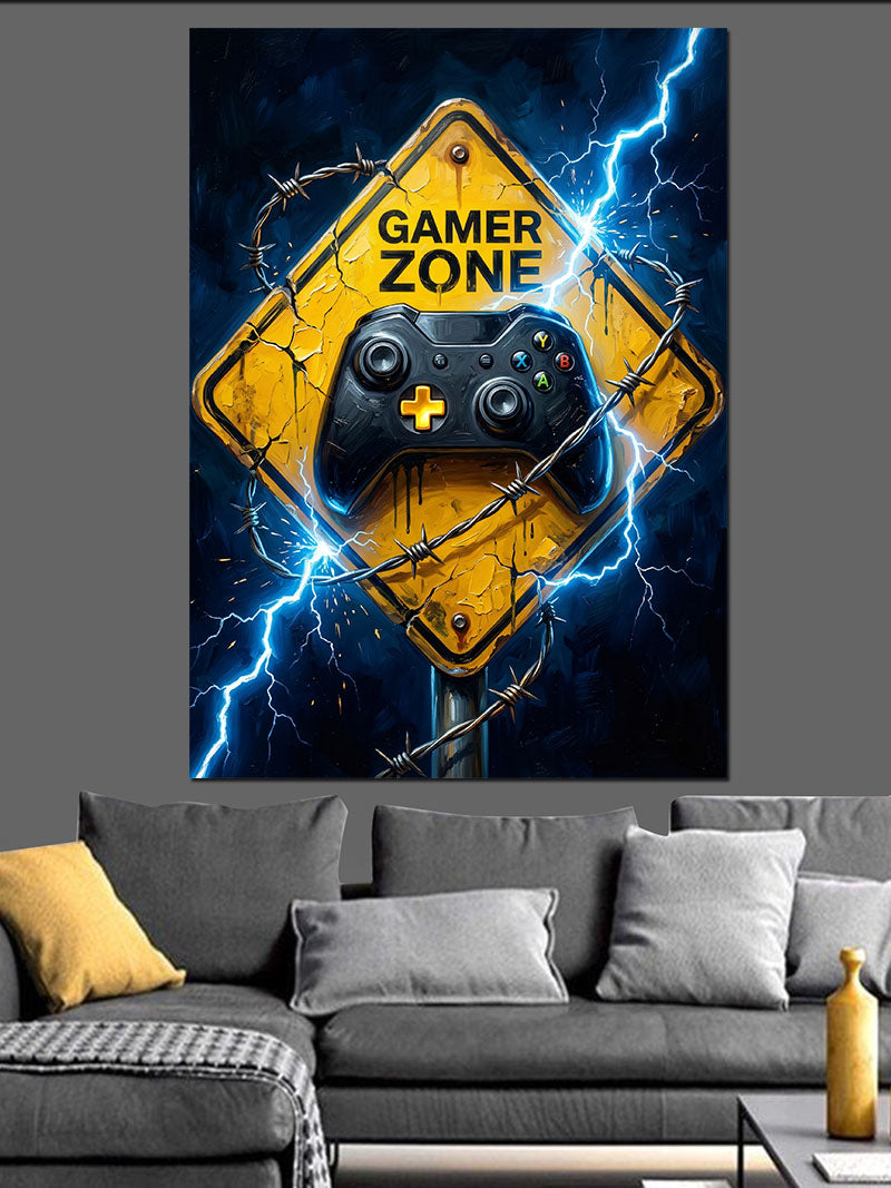 Gamer Zone Sarı Uyarı Tabelası Kanvas Tablo