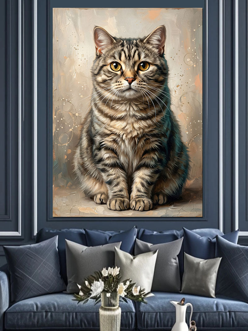 Oturan Tekir Kedi Portresi Gerçekçi Kanvas Tablo