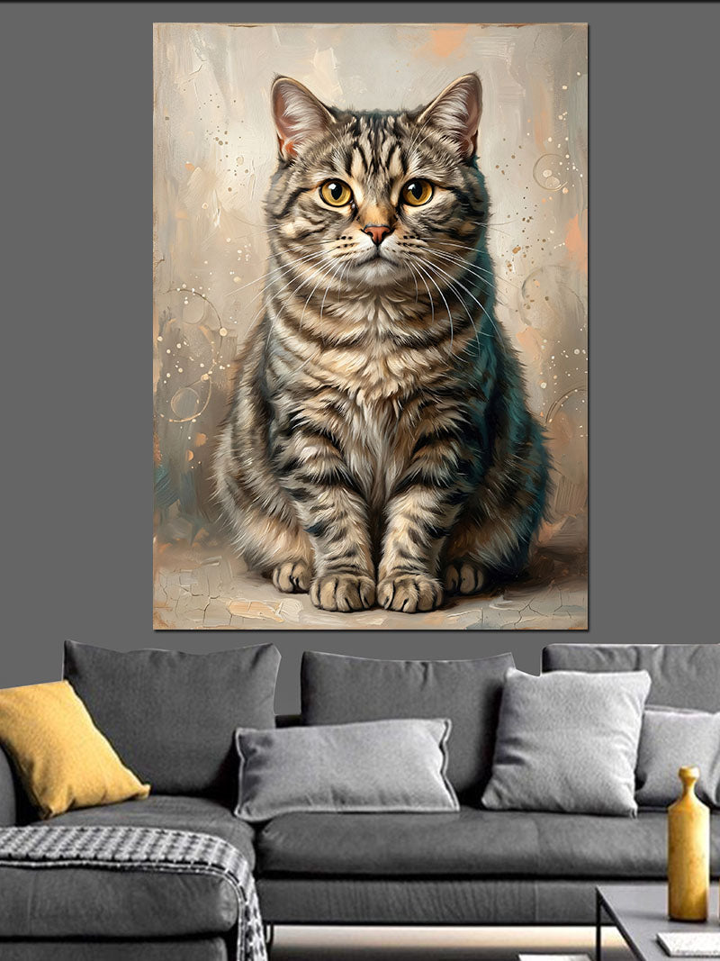 Oturan Tekir Kedi Portresi Gerçekçi Kanvas Tablo