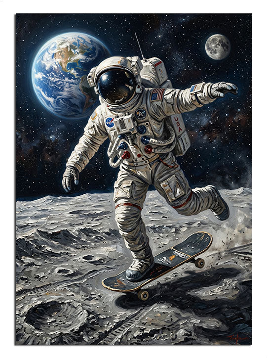 Ay yüzeyinde kaykay ile zıplayan astronot ve dünya uzay tablosu.