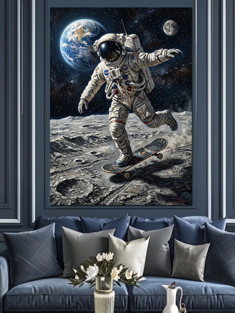 Ayda Kaykaylı Astronot Uzay Eğlencesi Kanvas Tablo