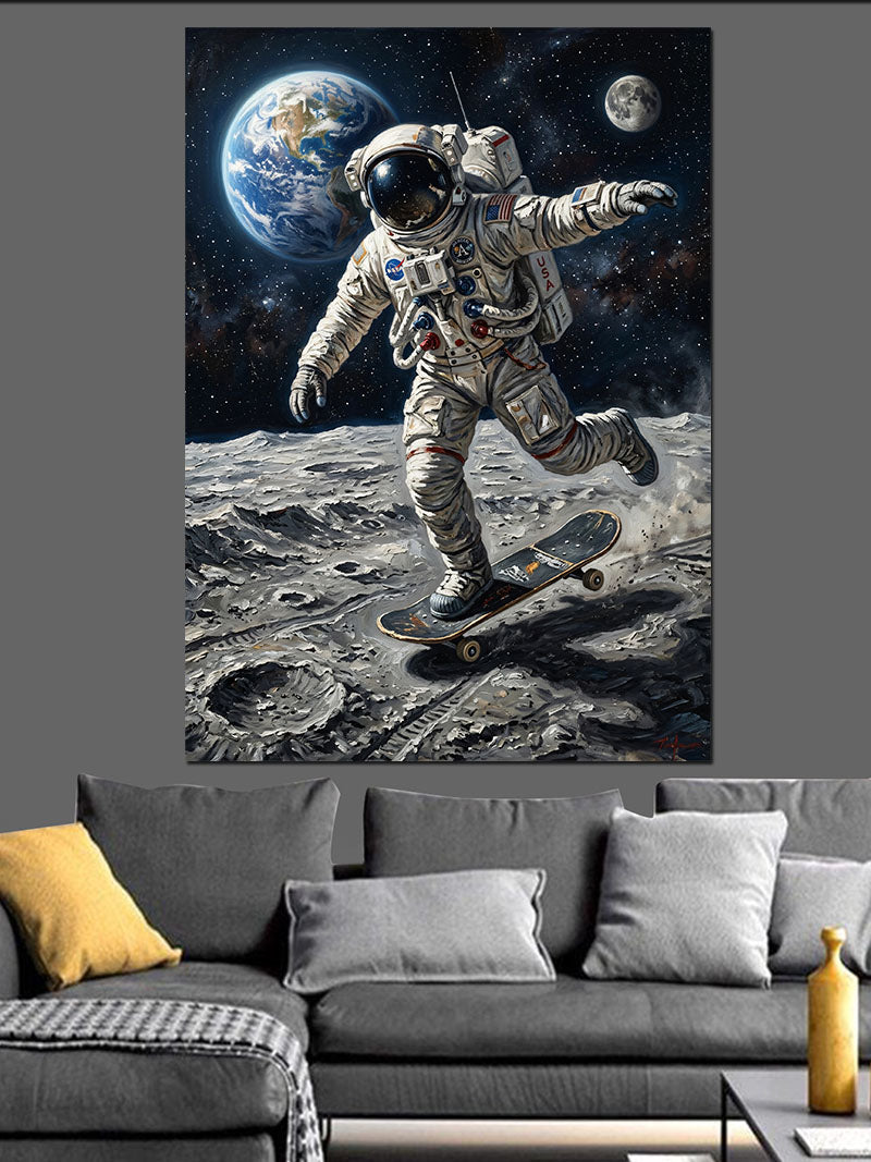 Ayda Kaykaylı Astronot Uzay Eğlencesi Kanvas Tablo