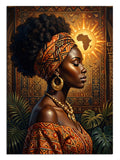 Afrika desenli başörtülü, altın küpeli Afro kadın portre tablosu.