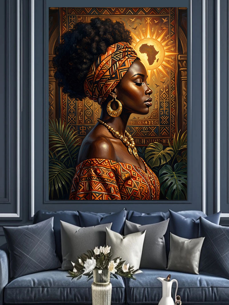 Afrika Desenli Afro Kadın Portresi Kanvas Tablo