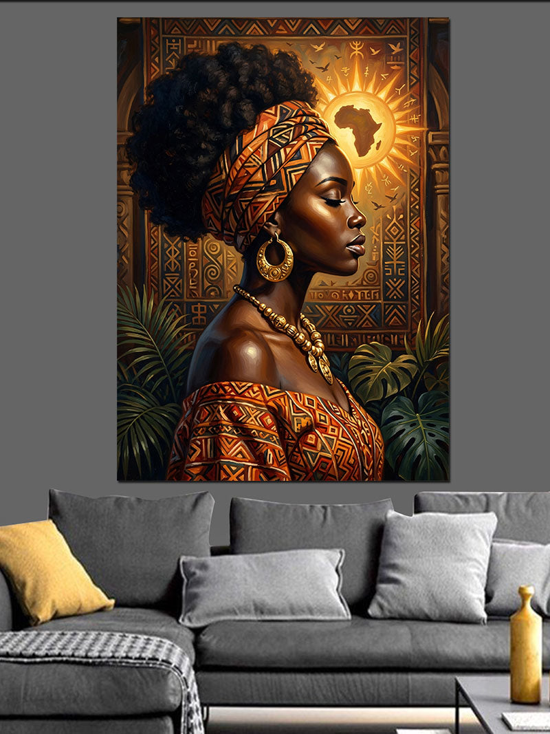 Afrika Desenli Afro Kadın Portresi Kanvas Tablo