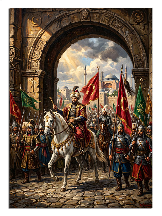 Kale kapısından giren Osmanlı bayraklı atlı alay tarihi tablo.