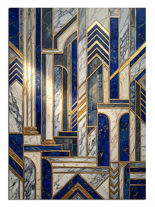Mavi ve gold art deco geometrik desenli lüks duvar tablosu.