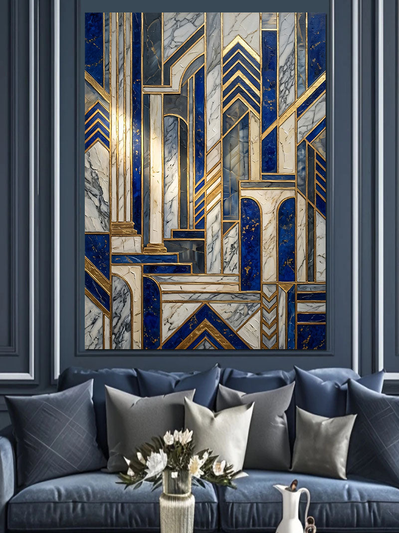Mavi Gold Art Deco Geometrik Desen Kanvas Tablo