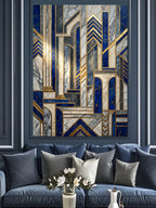 Mavi Gold Art Deco Geometrik Desen Kanvas Tablo