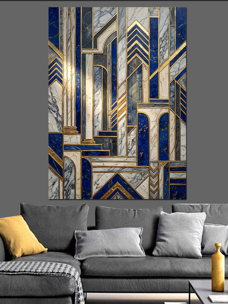 Mavi Gold Art Deco Geometrik Desen Kanvas Tablo