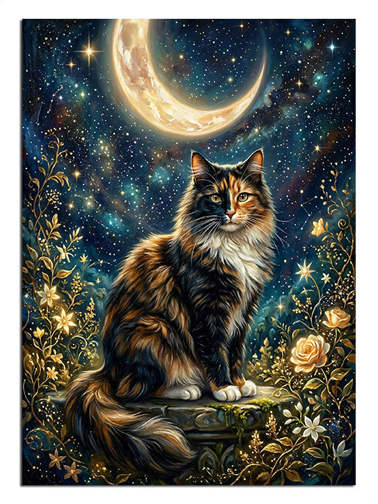 Hilal ay ve yıldızlar altında oturan uzun tüylü kedi gece tablosu.