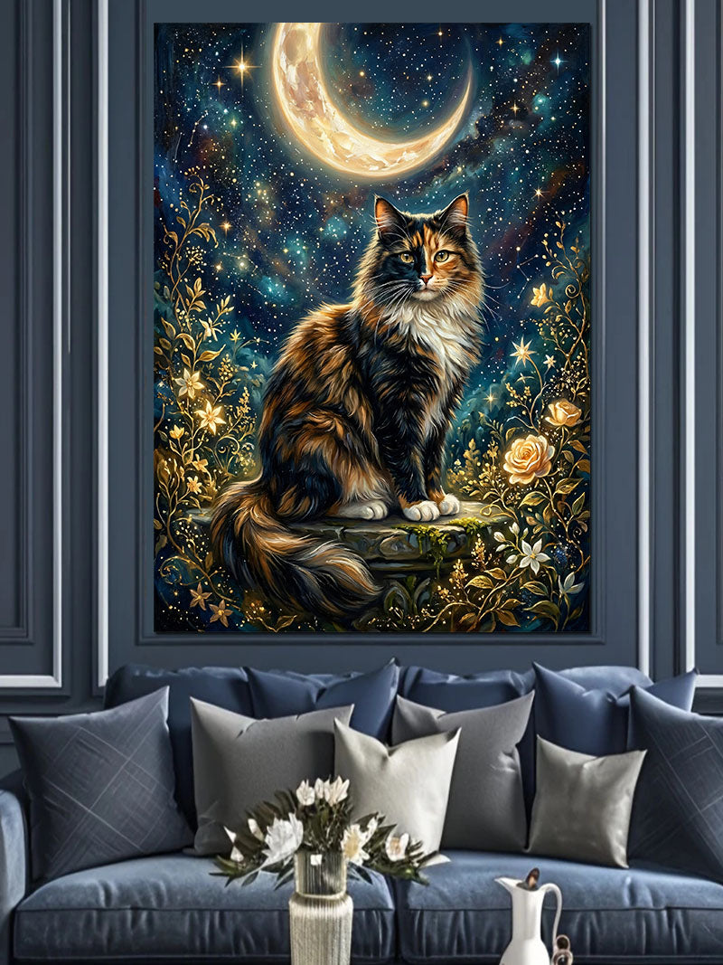 Ay Işığında Kedi ve Çiçekler Kanvas Tablo