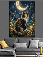 Ay Işığında Kedi ve Çiçekler Kanvas Tablo