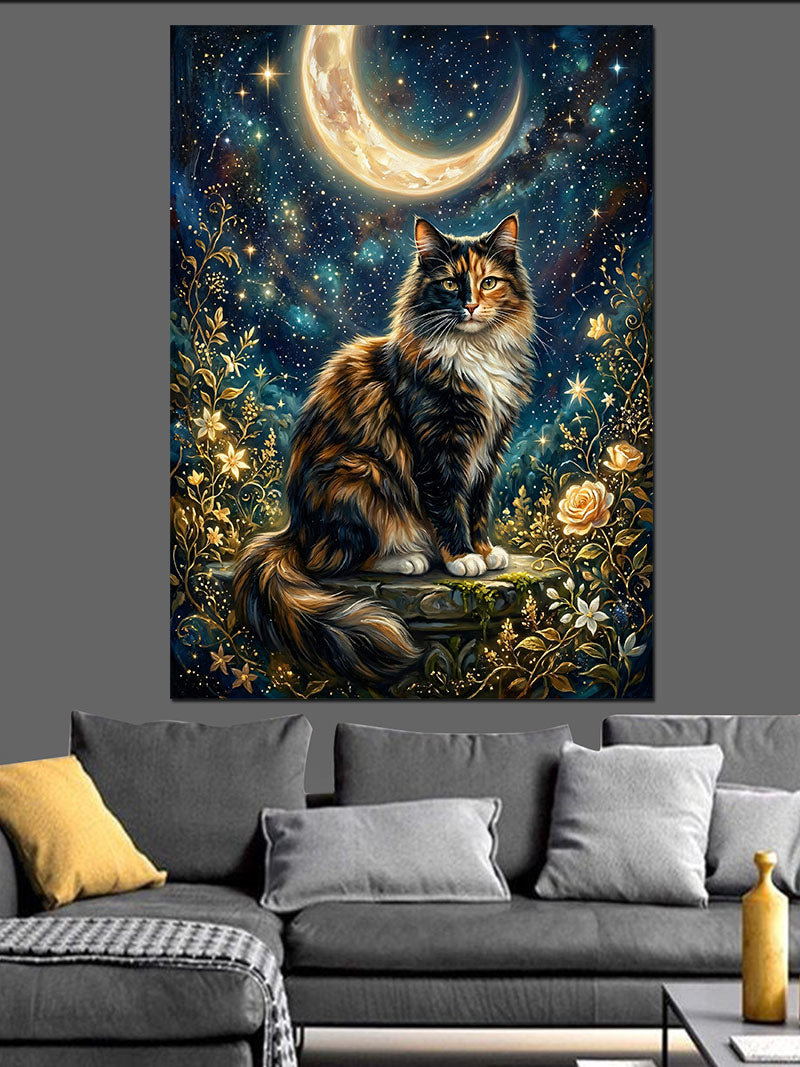 Ay Işığında Kedi ve Çiçekler Kanvas Tablo