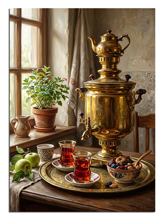 Pencere kenarında semaver ve çay bardakları ile kahvaltı tablosu.
