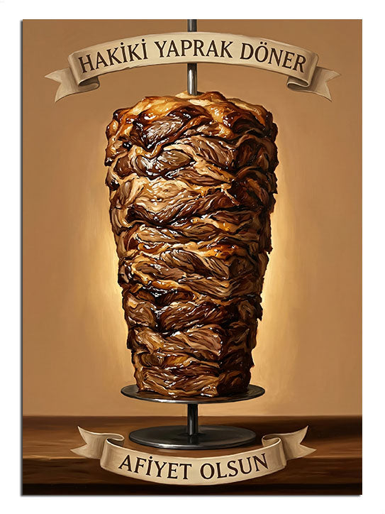 HAKİKİ YAPRAK DÖNER yazılı dikey döner kebap posteri.