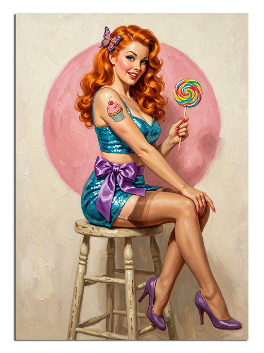 Pembe fonda lolipop tutan mavi elbiseli kızıl saçlı pin up.
