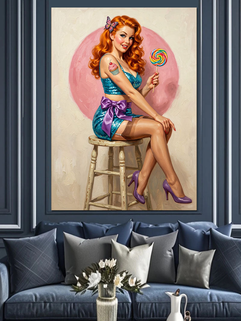 Lolipop Tutan Kızıl Saçlı Pin Up Kanvas Tablo