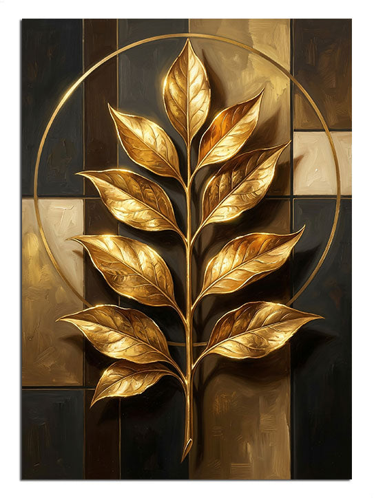 Siyah fonda gold yapraklı dal ve gold halka lüks tablo.