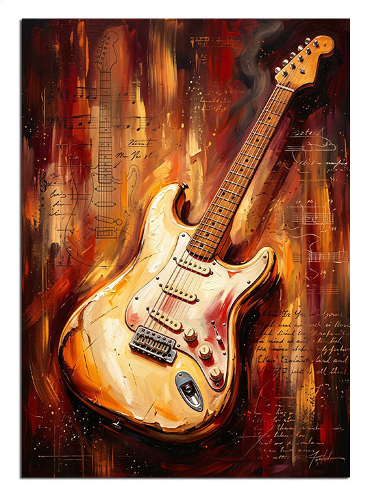 Alevli fonda eski elektro gitar rock müzik aleti tablosu.