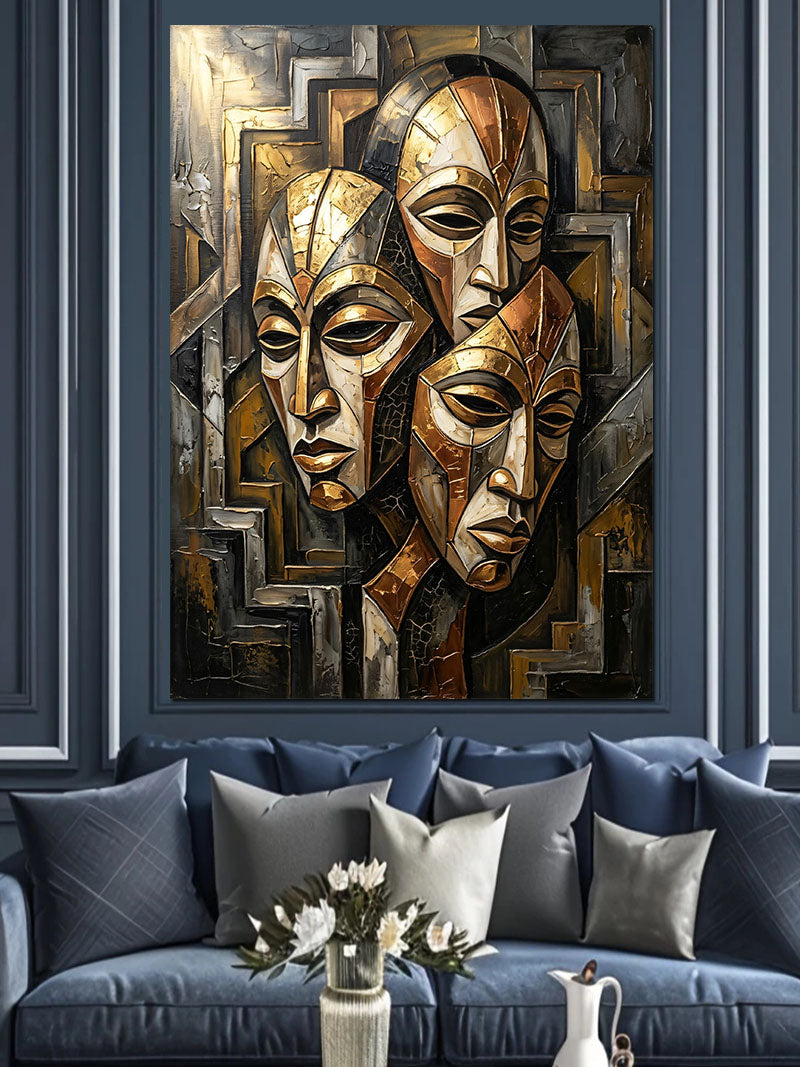 Afrika Masklı Geometrik Duvar Deseni Kanvas Tablo