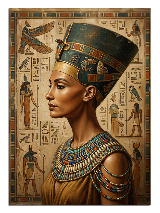 Hiyeroglif fonunda Mısır kraliçesi Nefertiti portre antik tablo.