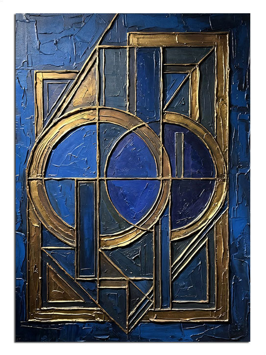 Mavi ve altın art deco geometrik çerçeve soyut lüks tablo.