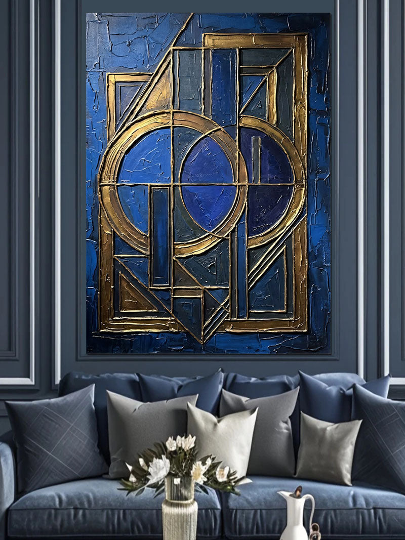 Mavi Altın Art Deco Geometrik Çerçeve Kanvas Tablo