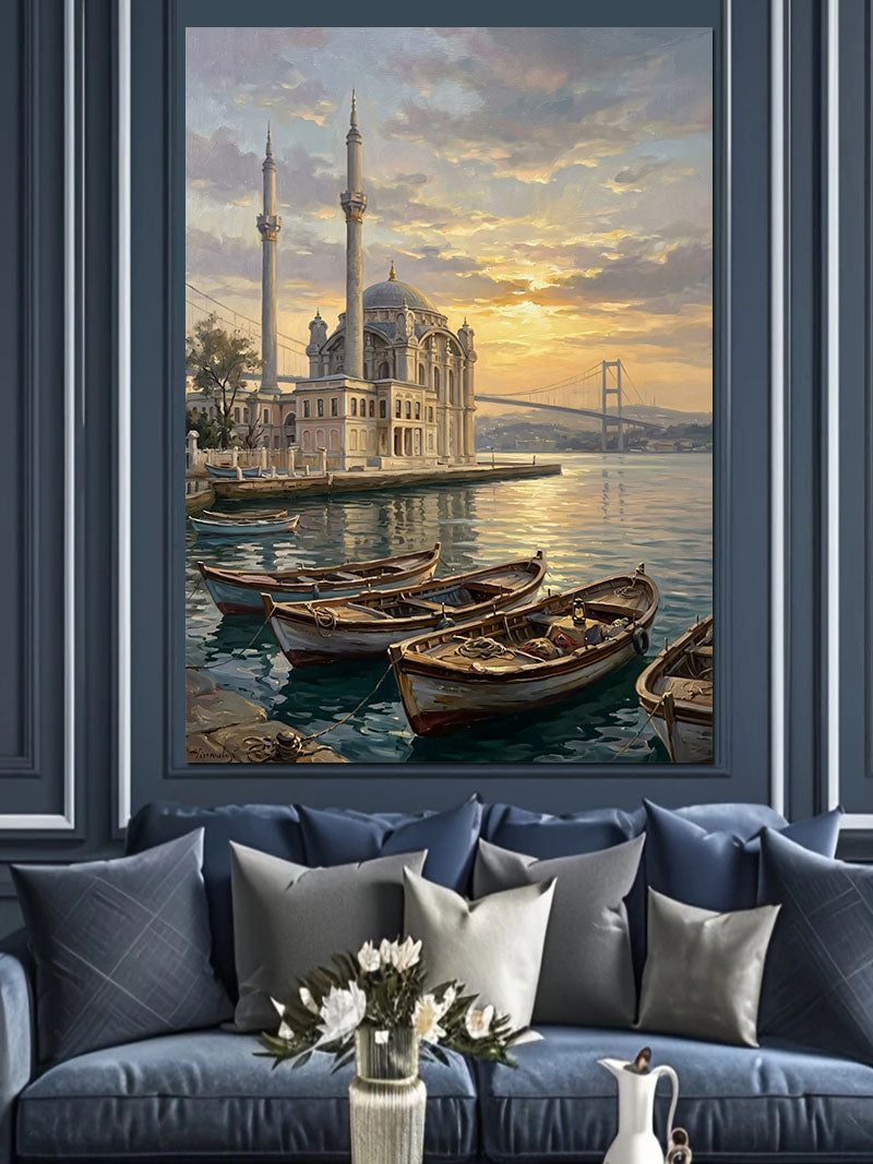 Gün Batımında Ortaköy Camii Ve Kayıklar Kanvas Tablo