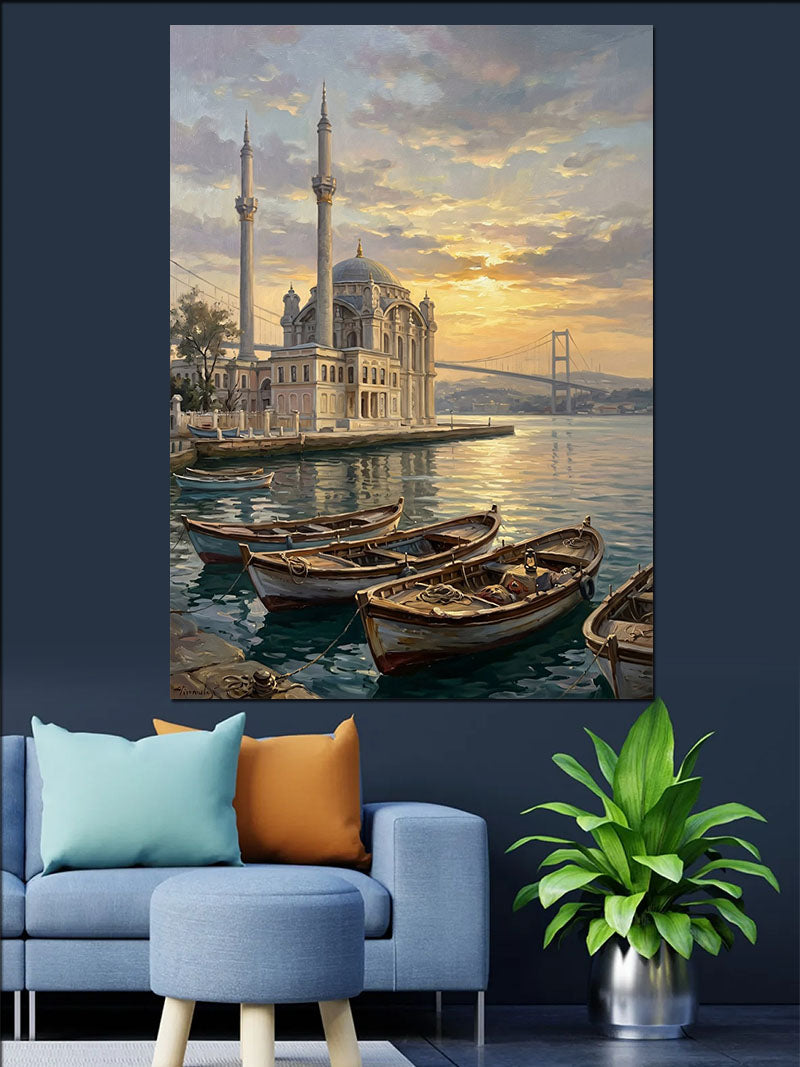 Gün Batımında Ortaköy Camii Ve Kayıklar Kanvas Tablo