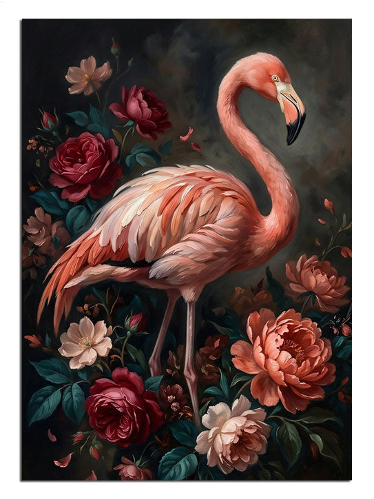 Kırmızı ve pembe çiçekler arasında pembe flamingo portresi tablosu.