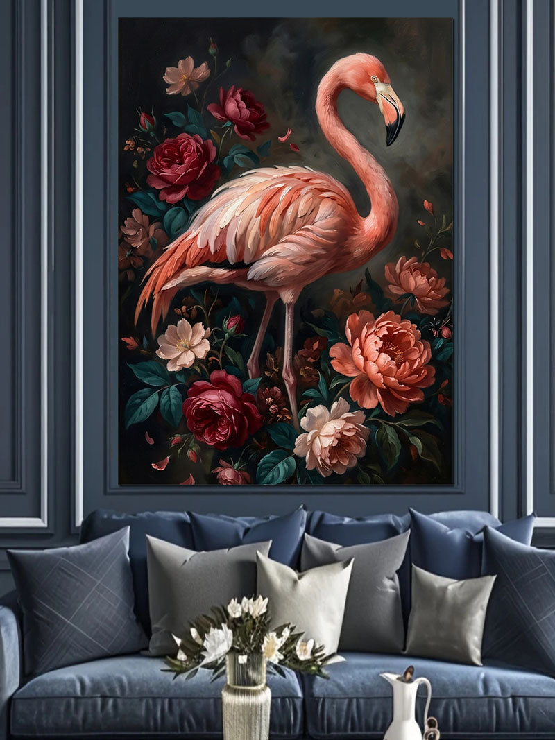 Çiçekler Arasında Pembe Flamingo Tablosu Kanvas Tablo