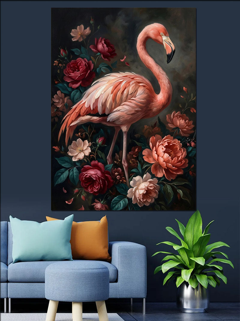 Çiçekler Arasında Pembe Flamingo Tablosu Kanvas Tablo
