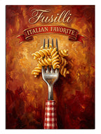 Fusilli Italian Favorite yazılı çatalda makarna retro poster tablosu.