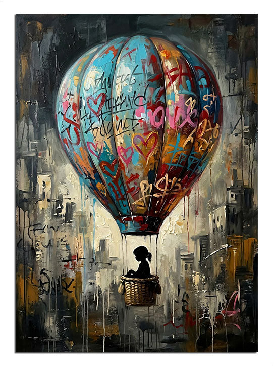 Grafiti kaplı şehir üzerinde renkli sıcak hava balonu tablosu.