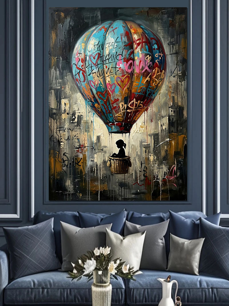 Grafiti Kaplı Renkli Sıcak Hava Balonu Kanvas Tablo