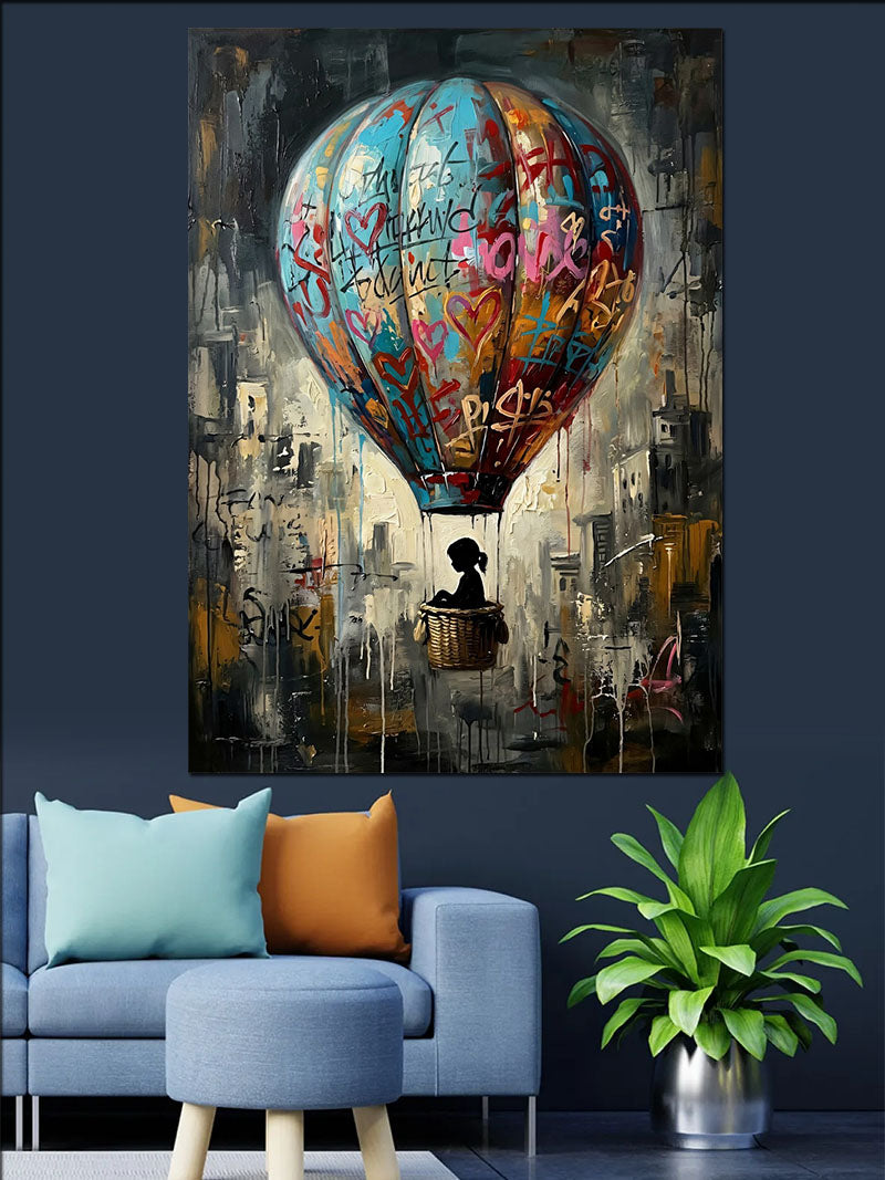Grafiti Kaplı Renkli Sıcak Hava Balonu Kanvas Tablo