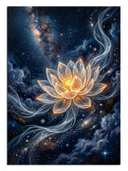 Galaksi ve yıldızlar arasında parlayan lotus çiçeği spiritüel tablo.