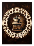 Milled Coffee yazılı kahve değirmeni ve çekirdekli vintage logo tablosu.