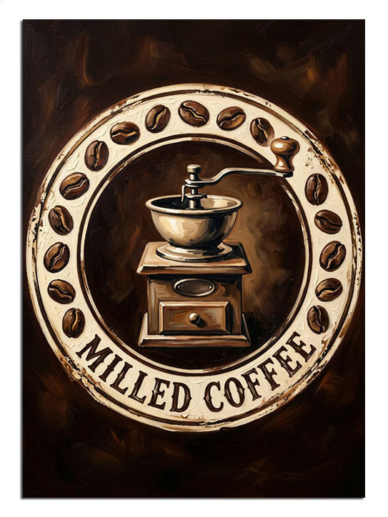 Milled Coffee yazılı kahve değirmeni ve çekirdekli vintage logo tablosu.