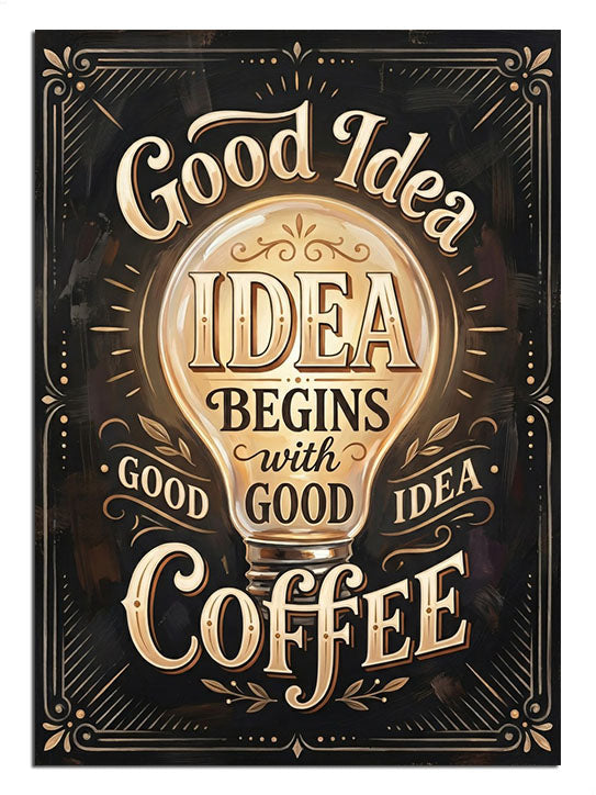 Good Idea Begins With Good Coffee yazılı kahve ampulü vintage poster.