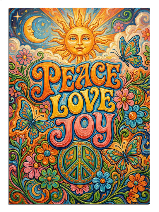 Peace Love Joy yazılı psychedelic güneş ve çiçekler renkli tablo.