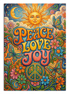 Peace Love Joy yazılı psychedelic güneş ve çiçekler renkli tablo.