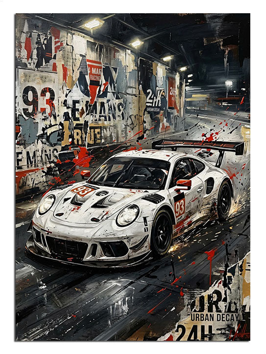Grafiti garajda beyaz Porsche yarış arabası tablosu.