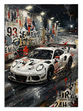 Grafiti garajda beyaz Porsche yarış arabası tablosu.