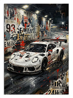 Grafiti garajda beyaz Porsche yarış arabası tablosu.