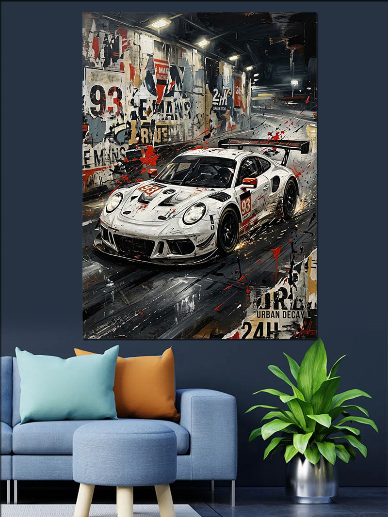 Garajda Beyaz Porsche Yarış Arabası Kanvas Tablo