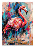 Renk patlamalı arka planda pembe flamingo pop-art tablosu.