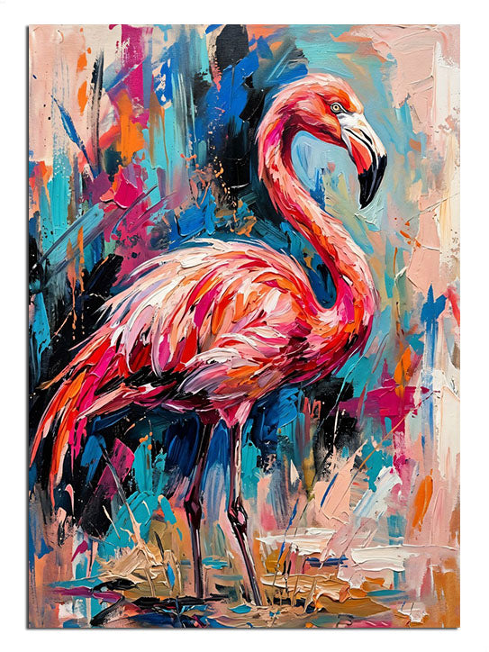 Renk patlamalı arka planda pembe flamingo pop-art tablosu.